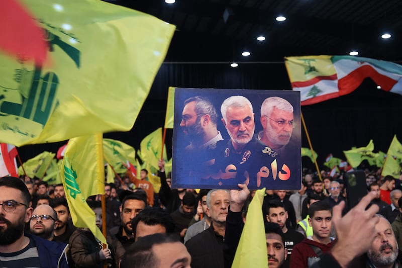 Hezbollah supporters on the third anniversary of the US killing of Iranian Maj Gen Qassem Suleimani. AFP