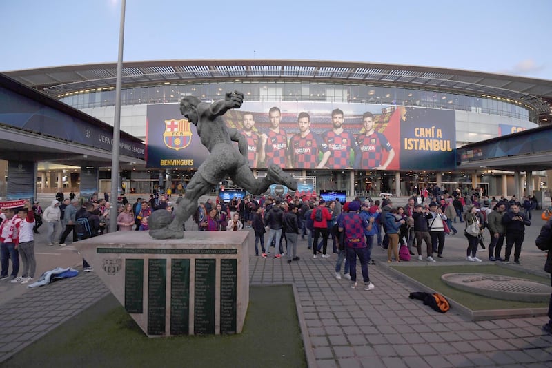 BARCELONA, SPAIN - NOVEMBER 05: A general view outside the stadium as fans enjoy the pre match atmosphere prior to the UEFA Champions League group F match between FC Barcelona and Slavia Praha at Camp Nou on November 05, 2019 in Barcelona, Spain. (Photo by Alex Caparros/Getty Images)