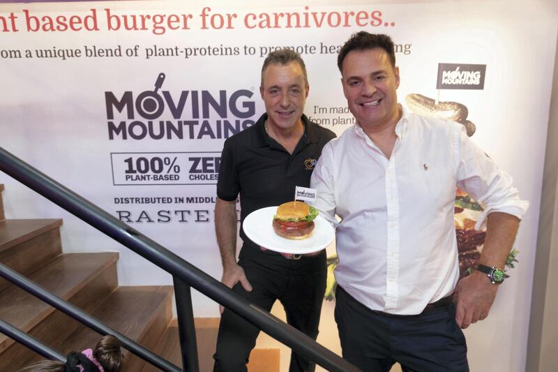 DUBAI, UNITED ARAB EMIRATES. 17 FEBRUARY 2019. Anthony Rastelli and Simion Van Der Molem with their  plant based burger patty at Gulf Food. (Photo: Antonie Robertson/The National) Journalist: Patrick Ryan. Section: National.