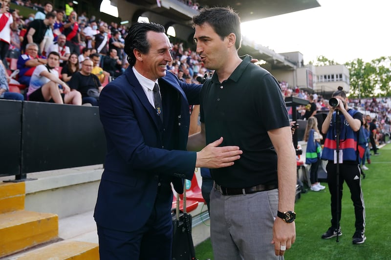 Andoni Iraola, right, and Unai Emery - then managers of La Liga sides Rayo Vallecano and Villarreal - are both now in charge of English Premier League clubs. Getty