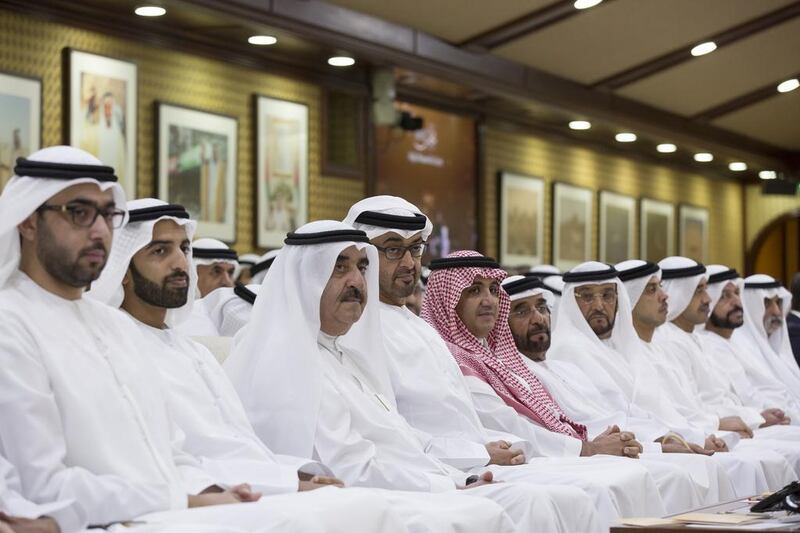 Sheikh Mohammed bin Zayed, Crown Prince of Abu Dhabi and Deputy Supreme Commander of the Armed Forces, with Sheikh Saud bin Rashid Al Mualla, Ruler of Umm Al Quwain, and other dignitaries at a lecture by Dr Dimitri Christakis, professor of paediatrics at the University of Washington, at Monday night’s Ramadan majlis in the capital. Ryan Carter / Crown Prince Court – Abu Dhabi