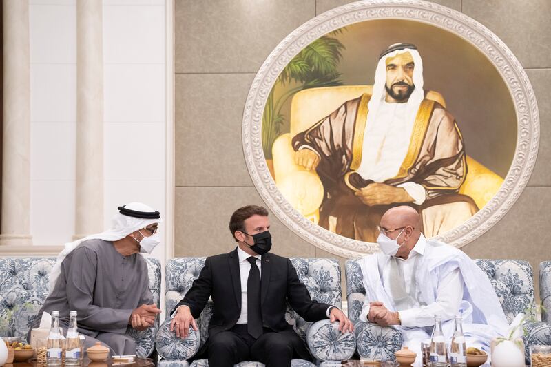 Mohamed Ould Ghazouani, President of Mauritania, Emmanuel Macron and President Sheikh Mohamed.