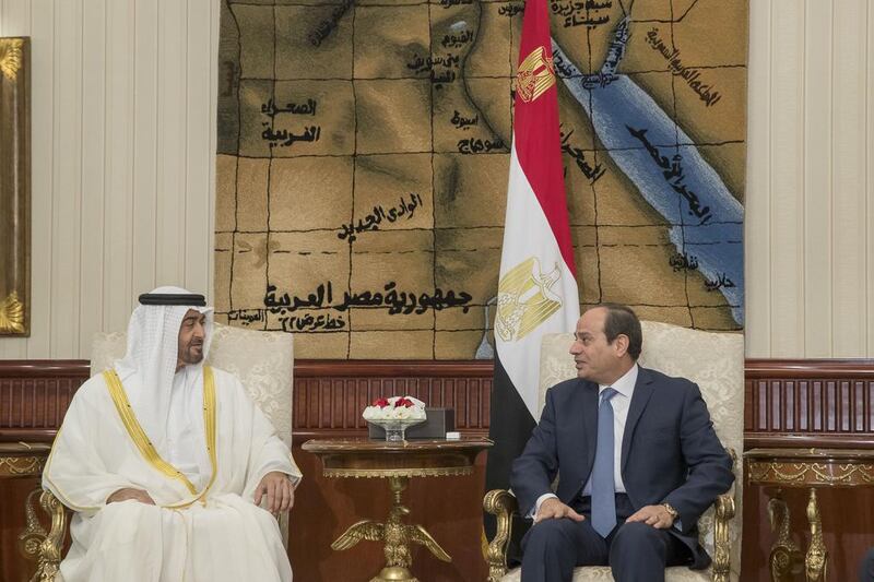 Sheikh Mohammed bin Zayed, Crown Prince of Abu Dhabi and Deputy Supreme Commander of the Armed Forces, left, meets with Egyptian president Abdel Fattah El Sisi in Cairo. Mohammed Al Hammadi / Crown Prince Court - Abu Dhabi