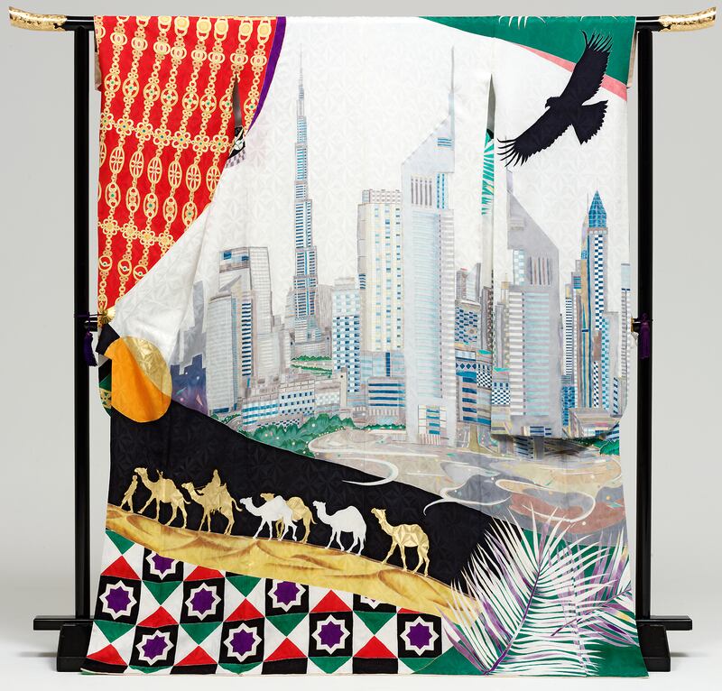 A total of 213 kimonos and obis were created for the Kimono Project, each representing a country taking part in the Tokyo Olympics. Pictured here is the UAE kimono