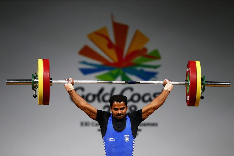 GOLD COAST, AUSTRALIA - APRIL 05:  Gururaja of India competes during the Weightlifting Men's 56kg Final on day one of the Gold Coast 2018 Commonwealth Games at Carrara Sports and Leisure Centre on April 5, 2018 on the Gold Coast, Australia.  (Photo by Dean Mouhtaropoulos/Getty Images)