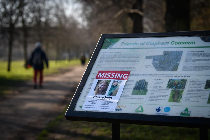 Posters are seen along the last known route of Sarah Everard. Getty Images