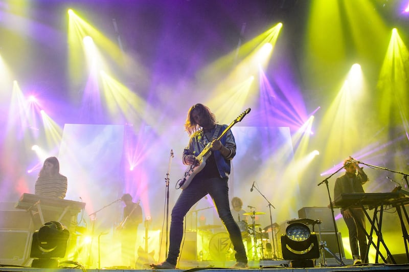SEATTLE, WA - SEPTEMBER 04:  Dominic Simper, Kevin Parker, Cam Avery, Julien Barbagallo and Jay Watson of Tame Impala perform at Bumbershoot at Seattle Center on September 4, 2016 in Seattle, Washington.  (Photo by Jim Bennett/FilmMagic)