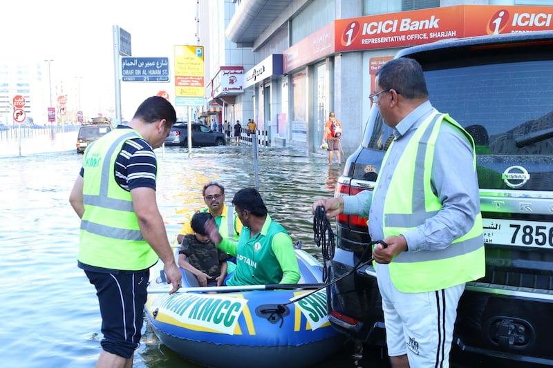 Boats have become the safest mode of transport as authorities continue to pump out floodwater from waterlogged streets in Sharjah. Photo: Kerala Muslim Cultural Centre