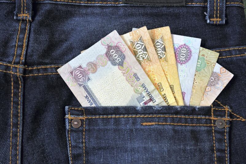 The United Arab Emirates Dirham (Emirati Dirham) currency notes in the Jeans back pocket represents the Income, Cash flow etc.