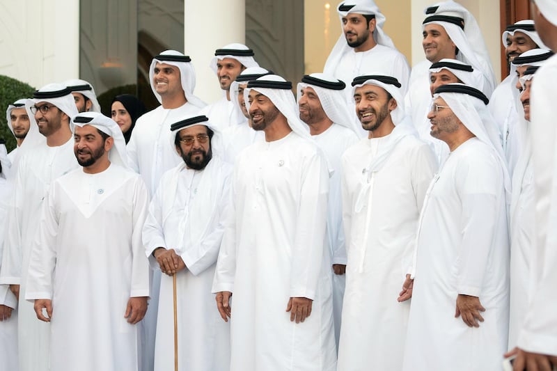 ABU DHABI, UNITED ARAB EMIRATES - December 04, 2018: HH Sheikh Mohamed bin Zayed Al Nahyan, Crown Prince of Abu Dhabi and Deputy Supreme Commander of the UAE Armed Forces (C), stands for a photograph with members of the UAE Ministry of Foreign Affairs, during a Sea Palace barza. Seen with HE Dr Sultan Ahmed Al Jaber, UAE Minister of State, Chairman of Masdar and CEO of ADNOC Group (L), HH Sheikh Hamdan bin Zayed Al Nahyan, Ruler���s Representative in Al Dhafra Region (2nd L), HH Sheikh Tahnoon bin Mohamed Al Nahyan, Ruler's Representative in Al Ain Region (3rd L), HH Sheikh Abdullah bin Zayed Al Nahyan, UAE Minister of Foreign Affairs and International Cooperation (3rd R), and HE Dr Anwar bin Mohamed Gargash, UAE Minister of State for Foreign Affairs (2nd R). 
( Ryan Carter / Ministry of Presidential Affairs )
���