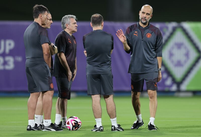 Manchester City manager Pep Guardiola leads training. EPA 