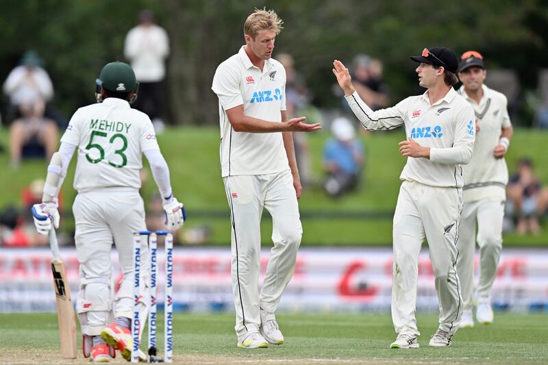 New Zealand's Kyle Jamieson celebrates after dismissing Mehidy Hasan of Bangladesh for three. Getty