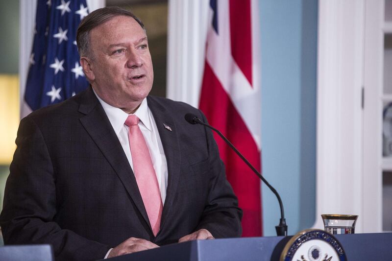 WASHINGTON, DC - AUGUST 07: U.S. Secretary of State Mike Pompeo speaks during a joint press event at the State Department on August 7, 2019 in Washington, DC. It was Mr. Raab's first trip to Washington as a foreign secretary. The two discussed possibly working together on a free trade deal and security challenges following Brexit.   Zach Gibson/Getty Images/AFP
== FOR NEWSPAPERS, INTERNET, TELCOS & TELEVISION USE ONLY ==
