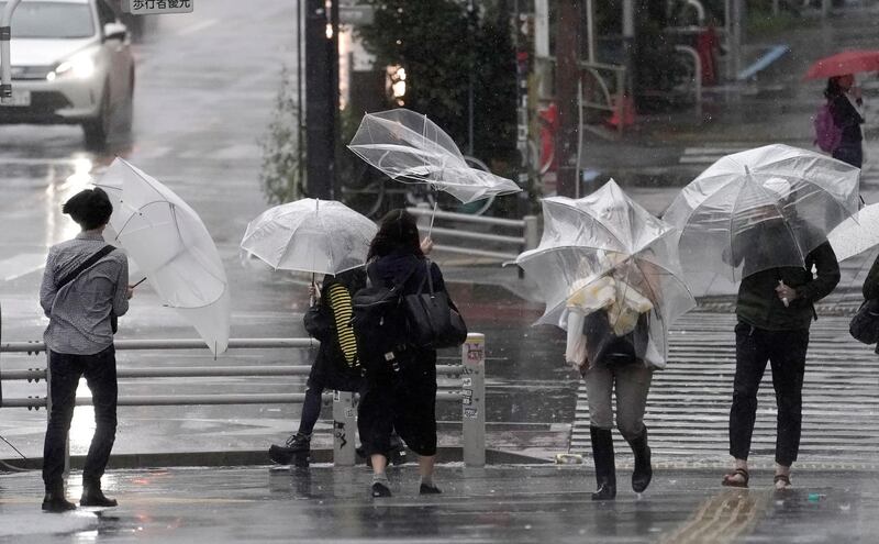 Pedestrians using umbrellas struggle against rain and wind in Tokyo. EPA