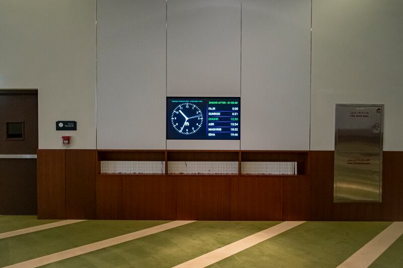 A digital display of prayer timings at the City Centre Al  Zahia prayer room in Sharjah. Antonie Robertson / The National