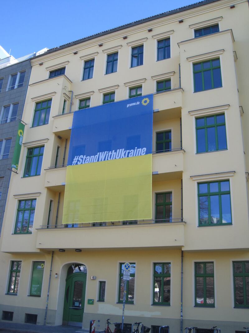 A large Ukrainian flag on the Green Party headquarters in Berlin. Daniel Bardsley for The National