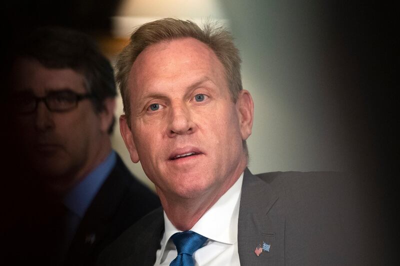 Acting Secretary of Defense Patrick Shanahan responds to reporters' questions regarding an incident in the East China Sea where an American guided-missile cruiser and a Russian destroyer came within 165 feet (50 meters) of each other, during a meeting with visiting Greek Defense Minister Evangelos Apostolakis at the Pentagon, Friday, June 7, 2019. (AP Photo/Manuel Balce Ceneta)