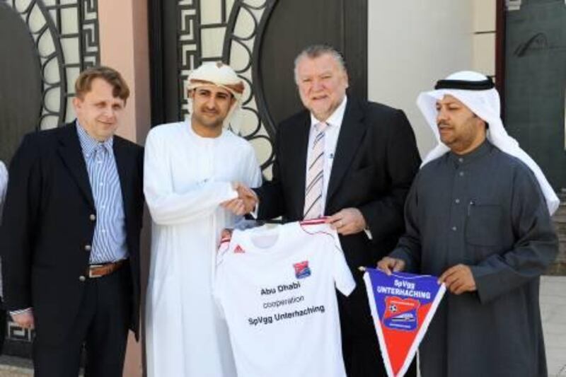 (second from left) Khalifa Saif Al Muhairibi, a young Emirati businessman, is set to take over SpVgg Unterhaching, the Liga 3 club in Germany. Courtesy of Al Ittihad
