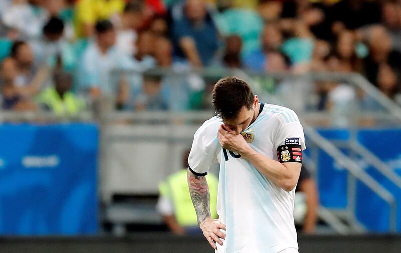 Argentina's Lionel Messi looks dejjected after losing the Copa America 2019 Group B match to Colombia at Arena Fonte Nova Stadium in Salvador, Brazil. EPA