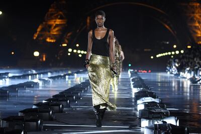 PARIS, FRANCE - SEPTEMBER 24: Models  walk the runway during the Saint Laurent Womenswear Spring/Summer 2020 show as part of Paris Fashion Week on September 24, 2019 in Paris, France. (Photo by Pascal Le Segretain/Getty Images)