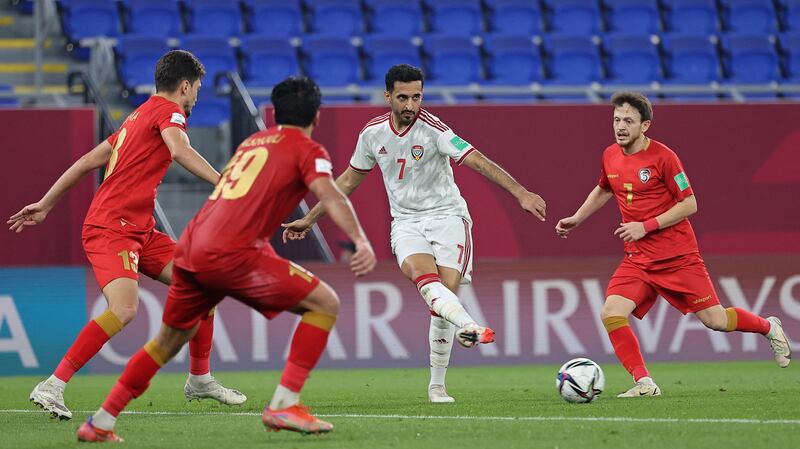 UAE forward Ali Mabkhout passes the ball. AFP