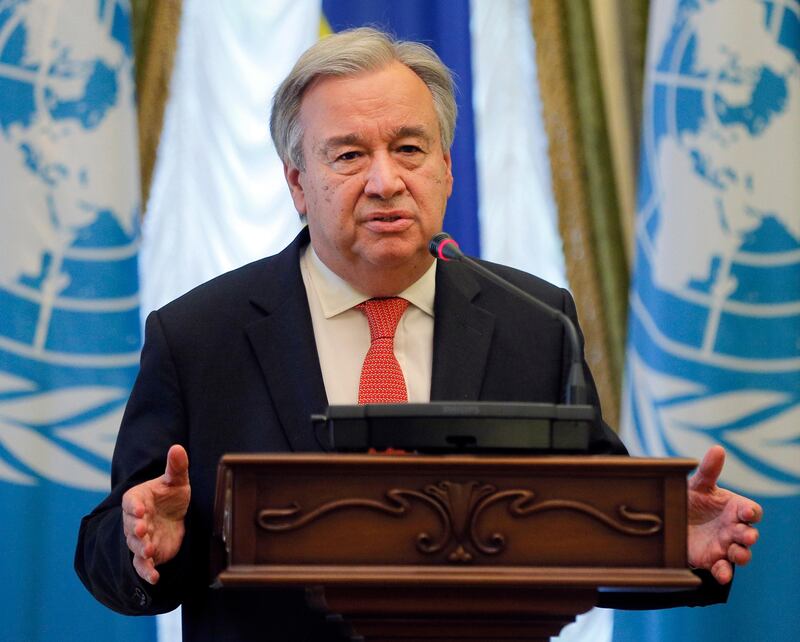 FILE - In this Sunday, July. 9, 2017, file photo, United Nation Secretary-General Antonio Guterres speaks during a news conference in Kiev, Ukraine. The U.N. Security Council unanimously approved a resolution welcoming recent efforts to bring opposing sides together in Libya, a conflict that Guterres said is ripe for mediation to end years of chaos and restore peace. The resolution adopted Thursday, Sept. 14, 2017, extends the U.N. political mission in the country until Sept. 15, 2018, with a mandate �������to exercise mediation and good offices������� to support �������an inclusive political process.������� (AP Photo/Efrem Lukatsky, File)