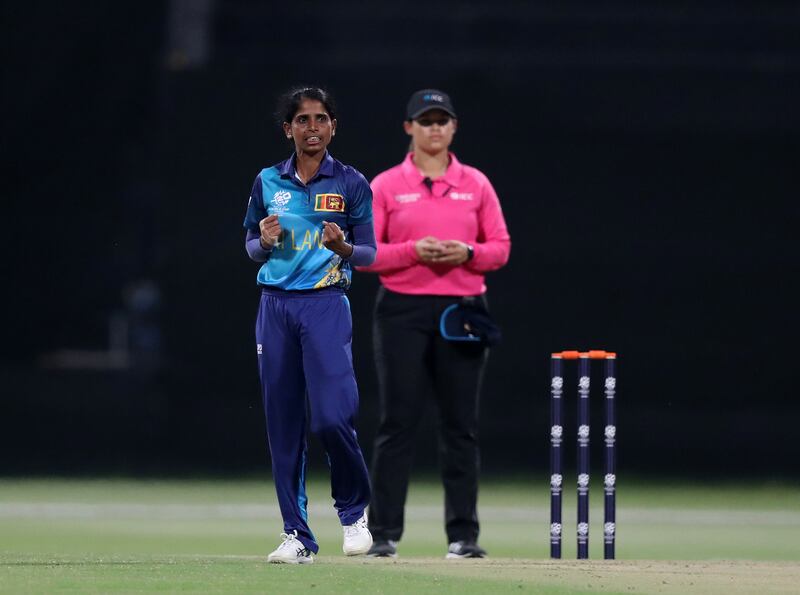 Sri Lanka's Udeshika Prabodhani celebrates after dismissing Scotland's Sarah Bryce. She finished with figures of three wickets for 13 runs off her four overs.