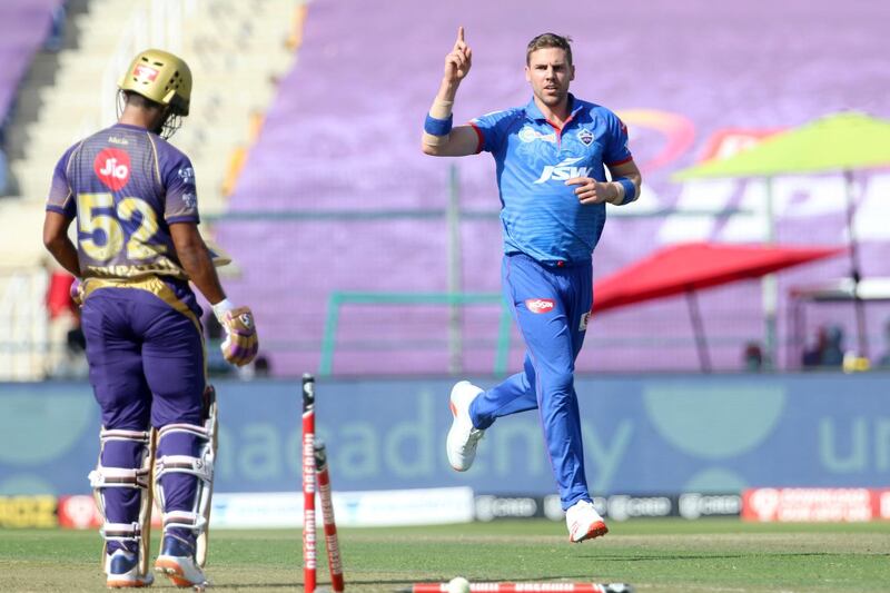 Anrich Nortje of Delhi Capitals celebrates the wicket of Rahul Tripathi of Kolkata Knight Riders during the toss of the match 42 of season 13 of the Dream 11 Indian Premier League (IPL) between the Kolkata Knight Riders and the Delhi Capitals at the Sheikh Zayed Stadium, Abu Dhabi  in the United Arab Emirates on the 24th October 2020.  Photo by: Vipin Pawar  / Sportzpics for BCCI