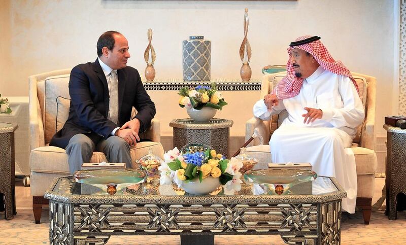 Saudi Arabia's King Salman, right, meets Egypt President Abdel Fattah El Sisi in Neom near Maqnah, northwestern Saudi Arabia. AFP