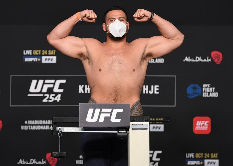 ABU DHABI, UNITED ARAB EMIRATES - OCTOBER 23: Tai Tuisvasa of Australia poses on the scale during the UFC 254 weigh-in on October 23, 2020 on UFC Fight Island, Abu Dhabi, United Arab Emirates. (Photo by Josh Hedges/Zuffa LLC)