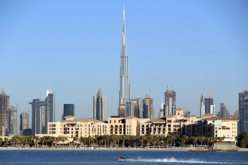 Dubai, United Arab Emirates - Reporter: N/A. News. Weather. A jet ski zooms passed the Burj Khalifa at sunset in Dubai. Tuesday, October 20th, 2020. Dubai. Chris Whiteoak / The National