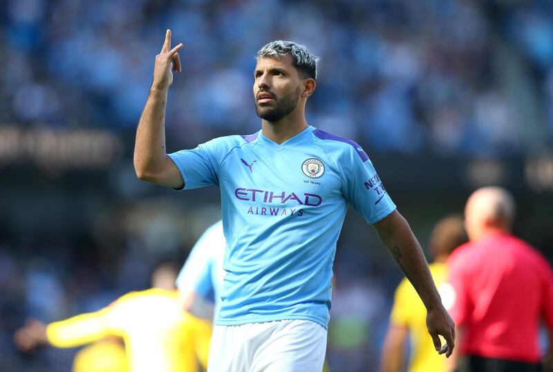 MANCHESTER, ENGLAND - SEPTEMBER 21: Sergio Aguero of Manchester City celebrates scoring his teams second goal during the Premier League match between Manchester City and Watford FC at Etihad Stadium on September 21, 2019 in Manchester, United Kingdom. (Photo by Alex Livesey/Getty Images)