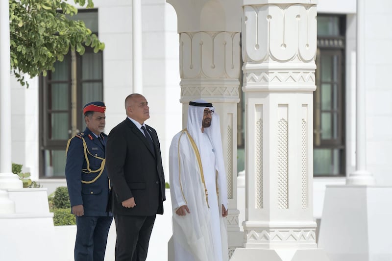 ABU DHABI, UNITED ARAB EMIRATES - October 21, 2018: HH Sheikh Mohamed bin Zayed Al Nahyan Crown Prince of Abu Dhabi Deputy Supreme Commander of the UAE Armed Forces (front R) and HE Boyko Borisov, Prime Minister of Bulgaria (front L), stand for the national anthem, during a reception held at the Presidential Palace. Seen with HE Staff Major General Pilot Abdullah Al Hashmi, Executive Director of Strategic Analysis, UAE Ministry of Defence (back L).


( Mohamed Al Hammadi / Crown Prince Court - Abu Dhabi )
---