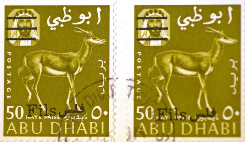 Dubai - March 29, 2010 - A stamp printed in the UAE in 1971. Photographed in Dubai, March 29, 2010.  (Photo by Jeff Topping/The National) 
 