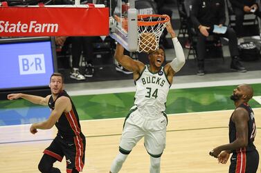 Giannis Antetokounmpo of the Milwaukee Bucks dunks in the third quarter against the Miami Heat during Game Two of their Eastern Conference first-round playoff series. AFP