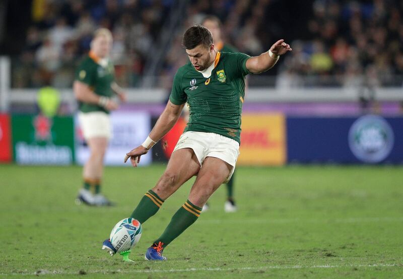 Handre Pollard kicks a penalty for South Africa in the Rugby World Cup final. AP Photo