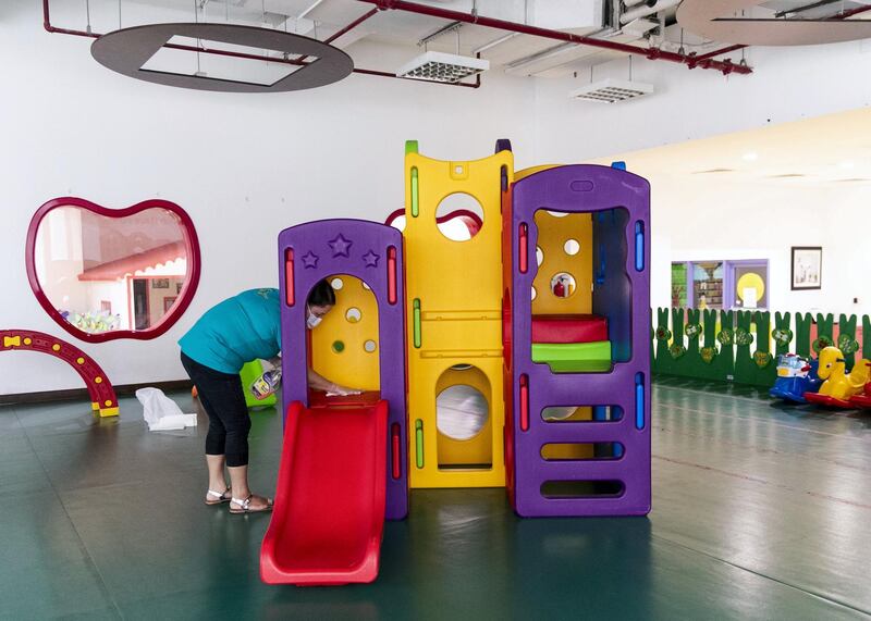 DUBAI, UNITED ARAB EMIRATES.12  OCTOBER 2020. 
British Orchard Nursery staff sanitize the toys regularly. (Photo: Reem Mohammed/The National)

Reporter:
Section: