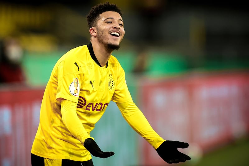 Jadon Sancho playing for Borussia Dortmund against SC Paderborn in the DFB Cup on February 2, 2021.