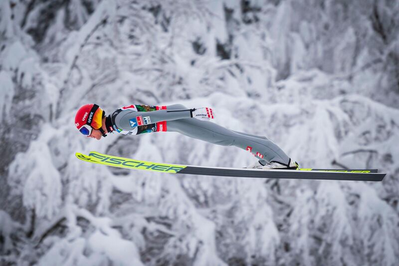 Austria's Philipp Aschenwald jumps during the second trial round of the Men Flying Hill Individual World event of FIS Ski Flying World Championship in Planica. AFP