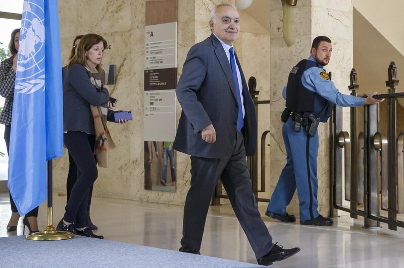 Ghassan Salame (C), special representative of the United Nations Secretary-General and head of the United Nations Support Mission in Libya, leaves a press stakeout after informing the media about new meeting round of the 5+5 Libyan Joint Military Commission, at the European headquarters of the United Nations in Geneva, Switzerland.  EPA