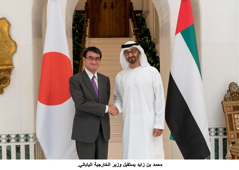 ABU DHABI, UNITED ARAB EMIRATES - December 10, 2017: HH Sheikh Mohamed bin Zayed Al Nahyan Crown Prince of Abu Dhabi Deputy Supreme Commander of the UAE Armed Forces (R), stands for a photograph with Taro Kono, Minister of Foreign Affairs of Japan (L), at the Sea Palace.

( Rashed Al Mansoori / Crown Prince Court - Abu Dhabi )
---