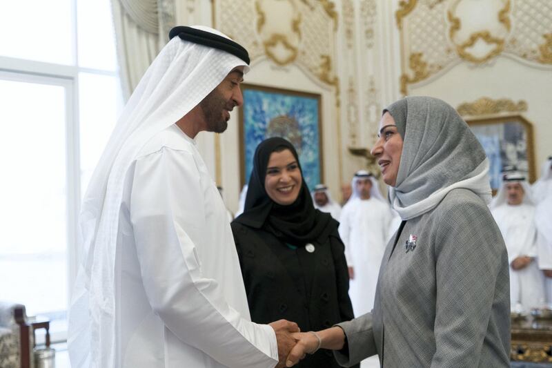 ABU DHABI, UNITED ARAB EMIRATES - October 07, 2019: HH Sheikh Mohamed bin Zayed Al Nahyan, Crown Prince of Abu Dhabi and Deputy Supreme Commander of the UAE Armed Forces (L), receives a member of the Arab Parliament (R), during a Sea Palace barza. Seen with HE Dr Amal Abdullah Al Qubaisi, Speaker of the Federal National Council (FNC) (C).

( Rashed Al Mansoori / Ministry of Presidential Affairs )
---