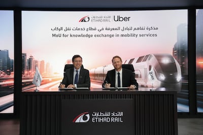 Nicolas Petrovic, left, Etihad Rail Mobility chief executive and Frans Hiemstra, Uber's director and regional general manager of the Middle East and Africa. Photo: Uber