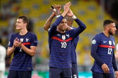 France forward Kylian Mbappe salutes fans after their Euro 2020 win against Germany at the Allianz Arena in Munich. AP