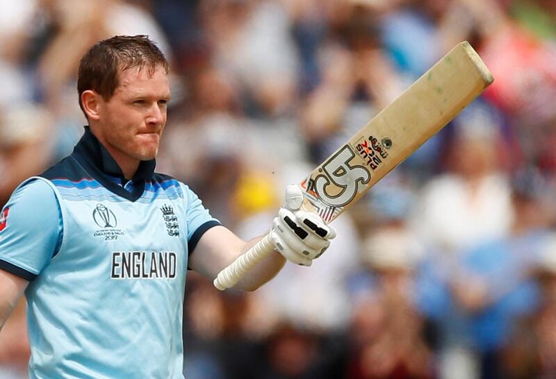 Cricket - ICC Cricket World Cup - England v Afghanistan - Old Trafford, Manchester, Britain - June 18, 2019   England's Eoin Morgan celebrates his century   Action Images via Reuters/Jason Cairnduff