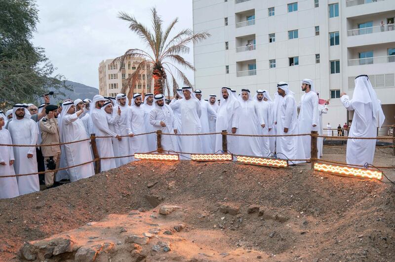 The Ruler of Sharjah laying the foundation stone of the Maritime Academy and unveiling a number of monuments and archaeological buildings in Khor Fakkan.