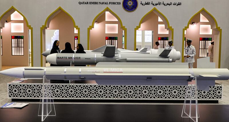 Italian anti-ship Sea Killer/Marte MK 2/ER missile on display at the Doha International Maritime Defence Exhibition in the Qatari capital.