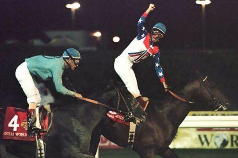 Jerry Bailey on Cigar celebrates after edging out Soul of the Matter to win the Dubai World Cup race by a half-length in 1996. The success of the competition is due in large part to the vision of Sheikh Mohammed bin Rashid, Vice President of the UAE and Ruler of Dubai. Phil Cole / Allsport