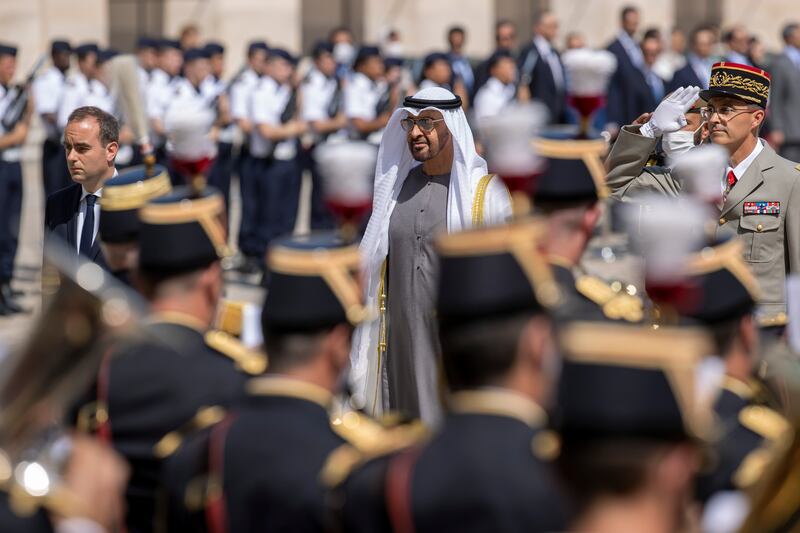 Sheikh Mohamed attends an official reception, hosted by Sebastien Lecornu, France's Minister of the Armed Forces, at the Army Museum in Paris. Photo: Presidential Court