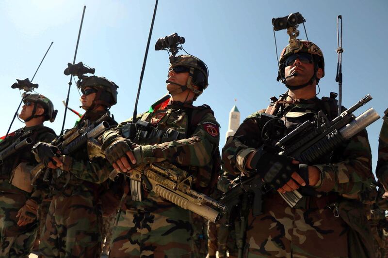 epa07780987 Afghan security forces attend a ceremony to mark the Independence Day in Herat, Afghanistan, 19 August 2019.  Afghanistan is celebrating the 100th anniversary of its independence from British rule on 19 August.  EPA/JALIL REZAYEE